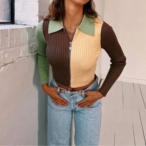 Pretty Garbage Colorblock Brown Green Yellow Ribbed Zip-Up Cardigan Small Crop